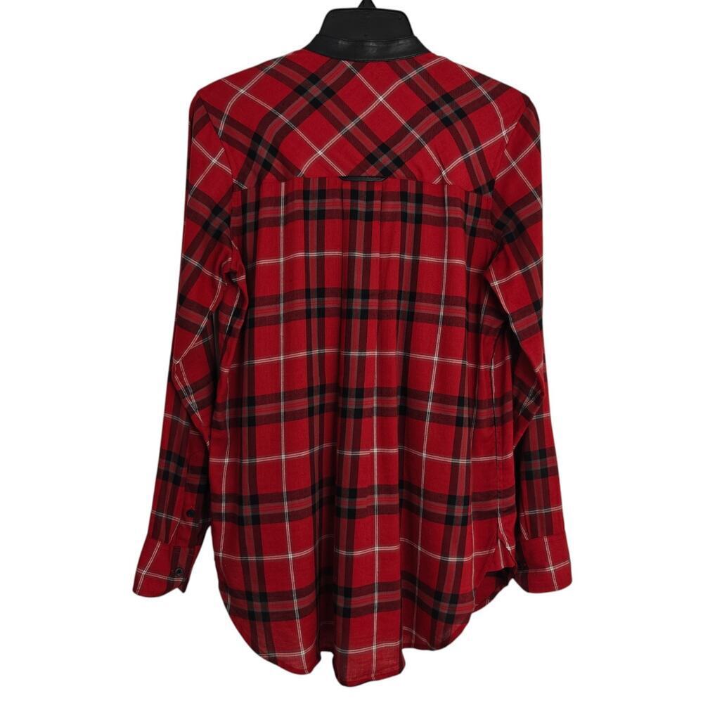 Vince Plaid Button Front Shirt Lamb Leather Collar Size 6 Red Black Long Sleeves - Picture 7 of 11